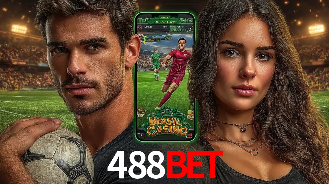 Homem segurando uma bola de futebol e uma mulher ao lado de um smartphone exibindo o jogo de apostas esportivas da 488BET. Faça seu palpite no cassino online.